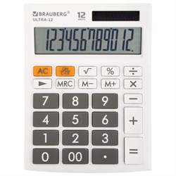 Калькулятор настольный BRAUBERG ULTRA-12-WT (192x143 мм), 12 разрядов, двойное питание, БЕЛЫЙ, 250496 - фото 11081306
