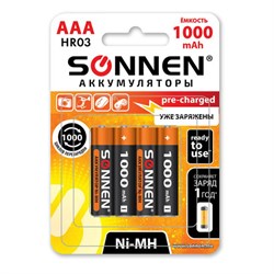 Батарейки аккумуляторные Ni-Mh мизинчиковые КОМПЛЕКТ 4 шт., AAA (HR03) 1000 mAh, SONNEN, 455610 - фото 12076888