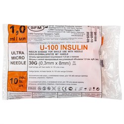Шприц инсулиновый SFM, 1 мл, КОМПЛЕКТ 10 шт., в пакете, U-100 игла несъемная 0,3х8 мм - 30G, 534253 - фото 13132858