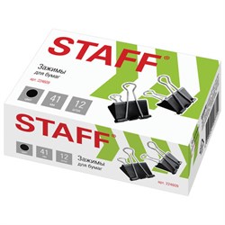 Зажимы для бумаг STAFF" EVERYDAY", КОМПЛЕКТ 12 шт., 41 мм, 200 листов, черные, картонная коробка, 224609 - фото 13552235