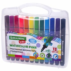 Фломастеры в пластиковом кейсе трехгранные утолщенные УЛЬТРАСМЫВАЕМЫЕ, BRAUBERG KIDS, 12 цветов, 152191 - фото 16562475