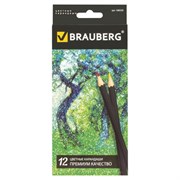 Карандаши цветные BRAUBERG "Artist line", 12 цветов, черный корпус, шестигранные, грифель 3 мм, натуральное дерево, 180539
