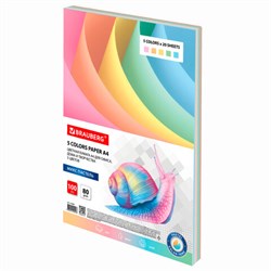 Бумага цветная BRAUBERG, А4, 80 г/м2, 100 л., (5 цветов х 20 листов), пастель, для офисной техники, 112460 - фото 11003703