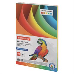 Бумага цветная BRAUBERG, А4, 80 г/м2, 100 л., (5 цветов х 20 л.), интенсив, для офисной техники, 112461 - фото 11003708