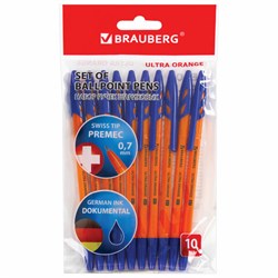 Ручки шариковые BRAUBERG "ULTRA ORANGE", СИНИЕ, НАБОР 10 штук, корпус оранжевый, узел 0,7 мм, 143571 - фото 11027000