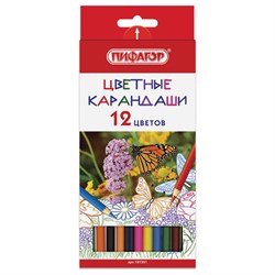 Карандаши цветные ПИФАГОР "БАБОЧКИ", 12 цветов, классические заточенные, 181351 - фото 11038737