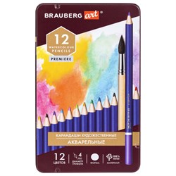 Карандаши художественные цветные акварельные BRAUBERG ART PREMIERE, 12 цветов, грифель 4 мм, металл, 181533 - фото 11039645