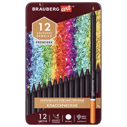 Карандаши художественные цветные BRAUBERG ART PREMIERE, 12 цветов, МЯГКИЙ грифель 4 мм, металл, 181540 - фото 11039728