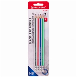 Набор карандашей чернографитных BRAUBERG "G-100" 4 шт., HB, с ластиком, корпус ассорти, 181715 - фото 11040856