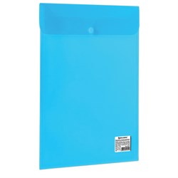Папка-конверт с кнопкой BRAUBERG, вертикальная, А4, до 100 листов, прозрачная, синяя, 0,15 мм, 224977 - фото 11054395