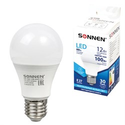 Лампа светодиодная SONNEN, 12 (100) Вт, цоколь Е27, груша, нейтральный белый свет, 30000 ч, LED A60-12W-4000-E27, 453698 - фото 11102079
