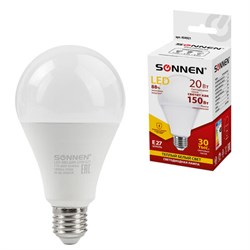 Лампа светодиодная SONNEN, 20 (150) Вт, цоколь Е27, груша, теплый белый, 30000 ч, LED A80-20W-2700-E27, 454921 - фото 11104112