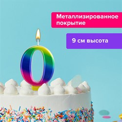 Свеча-цифра для торта "0" "Радужная", 9 см, ЗОЛОТАЯ СКАЗКА, с держателем, в блистере, 591433 - фото 11119279