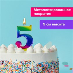 Свеча-цифра для торта "5" "Радужная", 9 см, ЗОЛОТАЯ СКАЗКА, с держателем, в блистере, 591438 - фото 11119309