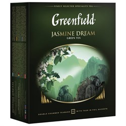 Чай GREENFIELD "Jasmine Dream" зеленый с жасмином, 100 пакетиков в конвертах по 2 г, 0586-09 - фото 11133832