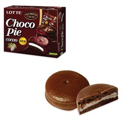 Печенье LOTTE "Choco Pie Cacao" ("Чоко Пай Какао"), глазированное, картонная упаковка, 336 г, 12 шт. х 28 г - фото 11134089