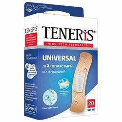Набор пластырей 20 шт. TENERIS UNIVERSAL универсальный на полимерной основе, бактерицидный с ионами серебра, коробка с европодвесом, 0208-006 - фото 11135831