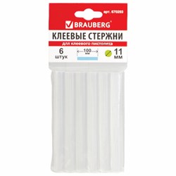 Клеевые стержни, диаметр 11 мм, длина 100 мм, прозрачные, комплект 6 шт., BRAUBERG, европодвес, 670293