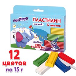 Пластилин мягкий ЮНЛАНДИЯ "ЮНЫЙ ВОЛШЕБНИК", 12 цветов 180 г, СО СТЕКОМ, ВЫСШЕЕ КАЧЕСТВО, европодвес, 106439 - фото 11193131