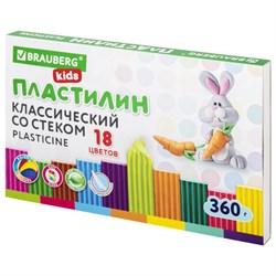 Пластилин классический BRAUBERG KIDS, 18 цветов, 360 г, со стеком, 106510 - фото 11193434