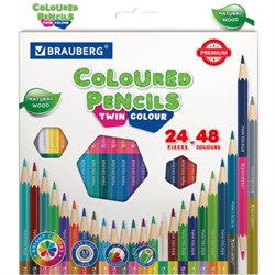 Карандаши цветные двусторонние BRAUBERG PREMIUM TWIN COLOUR, 24 штуки, 48 цветов, шестигранные, грифель 3,3 мм, натуральное дерево, 181875 - фото 11205224