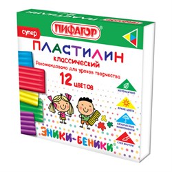 Пластилин классический ПИФАГОР "ЭНИКИ-БЕНИКИ СУПЕР", 12 цветов, 120 г, стек, 106505 - фото 11297995