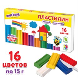 Пластилин мягкий ЮНЛАНДИЯ &quot;ВЕСЕЛЫЙ ШМЕЛЬ&quot;, 16 цветов, 240 г, СО СТЕКОМ, 106673