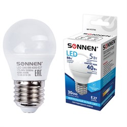 Лампа светодиодная SONNEN, 5 (40) Вт, цоколь E27, шар, нейтральный белый свет, 30000 ч, LED G45-5W-4000-E27, 453700 - фото 11371279