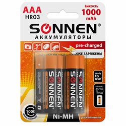 Батарейки аккумуляторные Ni-Mh мизинчиковые КОМПЛЕКТ 6 шт., AAA (HR03) 1000 mAh, SONNEN, 455611 - фото 12076889