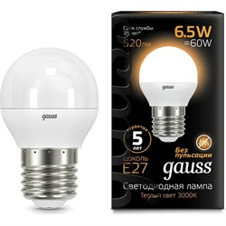 Светодиодная лампа GAUSS LED Globe E27, 6.5W, 100-240 В, 2700K - фото 12418916