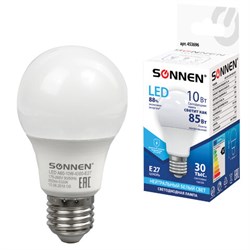 Лампа светодиодная SONNEN, 10 (85) Вт, цоколь Е27, груша, нейтральный белый свет, 30000 ч, LED A60-10W-4000-E27, 453696 - фото 13120861