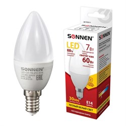 Лампа светодиодная SONNEN, 7 (60) Вт, цоколь Е14, свеча, теплый белый свет, 30000 ч, LED C37-7W-2700-E14, 453711 - фото 13120868