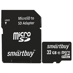 Карта памяти micro SDHC, 32 GB, SMARTBUY, 10 Мб/сек. (class 10), с адаптером, SB32GBSDCL10-01 - фото 13124310