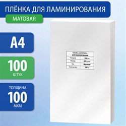 Пленки-заготовки для ламинирования А4, КОМПЛЕКТ 100 шт., 100 мкм, МАТОВАЯ, BRAUBERG, 531780 - фото 13125761