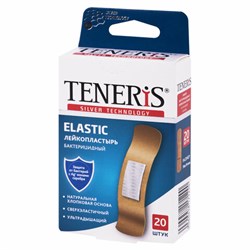 Набор пластырей 20 шт. TENERIS ELASTIC, эластичный, на тканевой основе, бактерицидный с ионами серебра, коробка с европодвесом, 0208-005 - фото 13132847