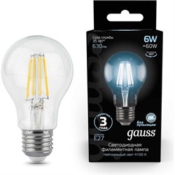 Лампа GAUSS LED Filament A60 E27 6W 4100К - фото 13250706