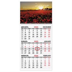 Календарь квартальный на 2025 г., 1 блок, 1 гребень, бегунок, мелованная бумага, BRAUBERG, "Маки", 116129 - фото 13498187