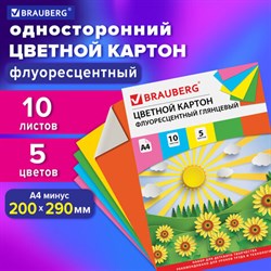 Картон цветной А4 МЕЛОВАННЫЙ (глянцевый), ФЛУОРЕСЦЕНТНЫЙ, 10 листов 5 цветов, в папке, BRAUBERG, 200х290 мм, "Лето", 129918 - фото 13550575