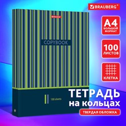 Тетрадь на кольцах БОЛЬШАЯ А4 (225х300 мм), 100 листов, твердый картон, клетка, BRAUBERG, Полосы, 403273 - фото 13551018