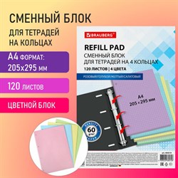 Сменный блок к тетради на кольцах БОЛЬШОЙ ФОРМАТ А4, 120 л., BRAUBERG, (4 цвета по 30 листов), 404519 - фото 13551223