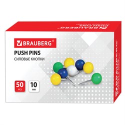 Силовые кнопки-гвоздики BRAUBERG, цветные (шарики), 50 шт., в картонной коробке, 221550 - фото 13552197