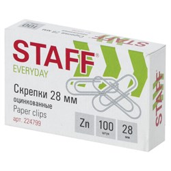 Скрепки STAFF &quot;EVERYDAY&quot;, 28 мм, оцинкованные, 100 шт., в картонной коробке, Россия, 224799