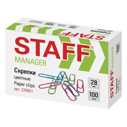 Скрепки STAFF "Manager", 28 мм, цветные, 100 шт., в картонной коробке, 226821 - фото 13552274
