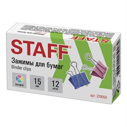 Зажимы для бумаг STAFF "Profit", КОМПЛЕКТ 12 шт., 15 мм, на 45 листов, цветные, картонная коробка, 229050 - фото 13552289