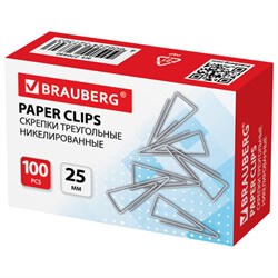Скрепки BRAUBERG, 25 мм, никелированные, треугольные, 100 шт., в картонной коробке, 270440 - фото 13552308