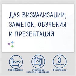 Доска магнитно-маркерная стеклянная 60х90 см, 3 магнита, БЕЛАЯ, BRAUBERG, 236747 - фото 13559347