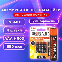 Батарейки аккумуляторные Ni-Mh мизинчиковые КОМПЛЕКТ 4 шт., AAA (HR03) 650 mAh, SONNEN, 455609 - фото 13562785