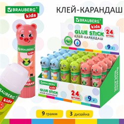 Клей-карандаш "Зверята: кошка, мышка, хрюшка", 9 г, фигурный колпачок, BRAUBERG KIDS, 271138 - фото 13564447