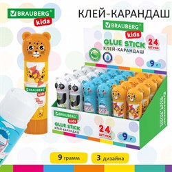 Клей-карандаш "Зверята: панда, слон, леопард", 9 г, фигурный колпачок, BRAUBERG KIDS, 271139 - фото 13564448