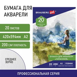 Папка для акварели БОЛЬШАЯ А2, 20 л., "ГАРМОНИЯ", зерно, 200 г/м2, ГОЗНАК, BRAUBERG ART CLASSIC, 113211 - фото 13588726